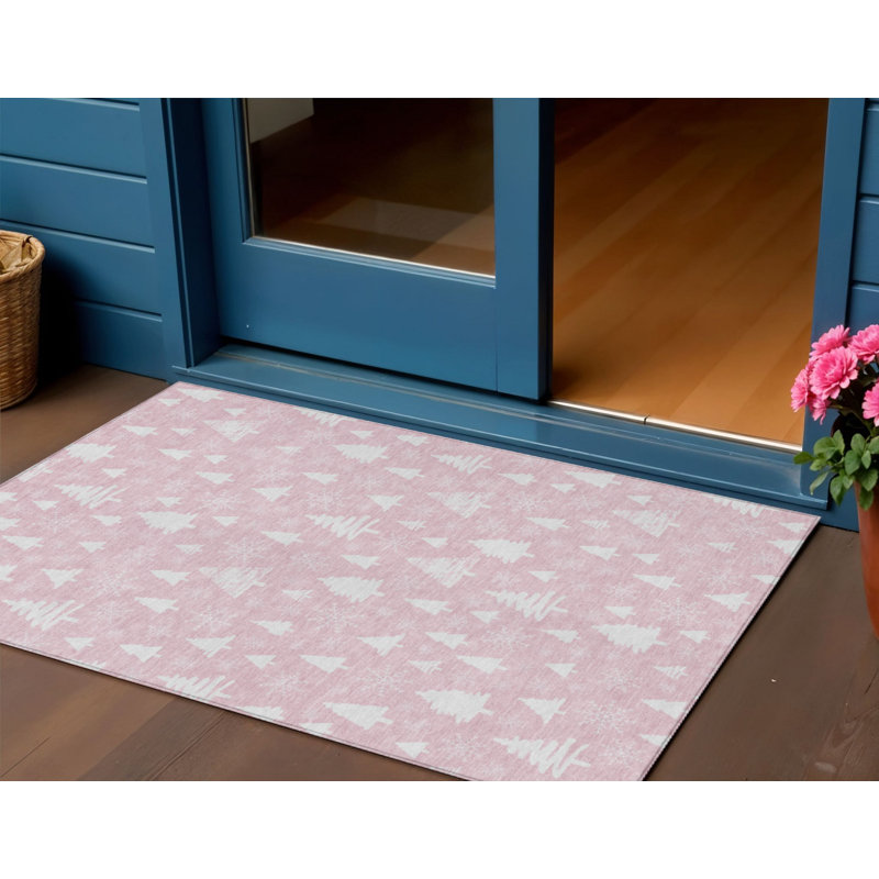 Tapis intérieur/extérieur lavable rose et ivoire à motif flocons de neige, 90 x 150 cm