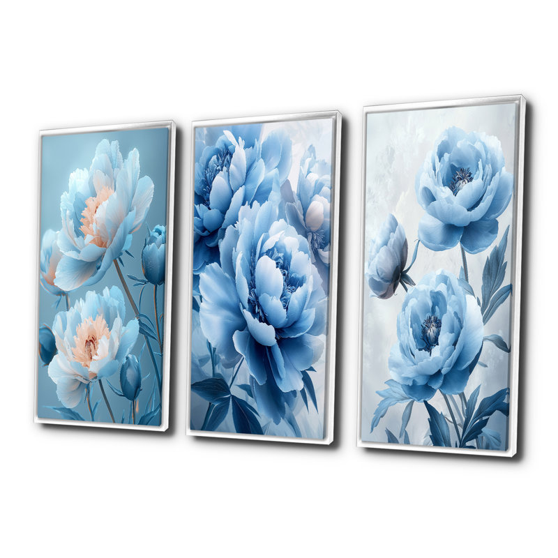 Blue Velvet Pe pivoines I - Collection d'art mural pivoines, H 40 po x l 60 po, Impression encadrée flottante, Blanc
