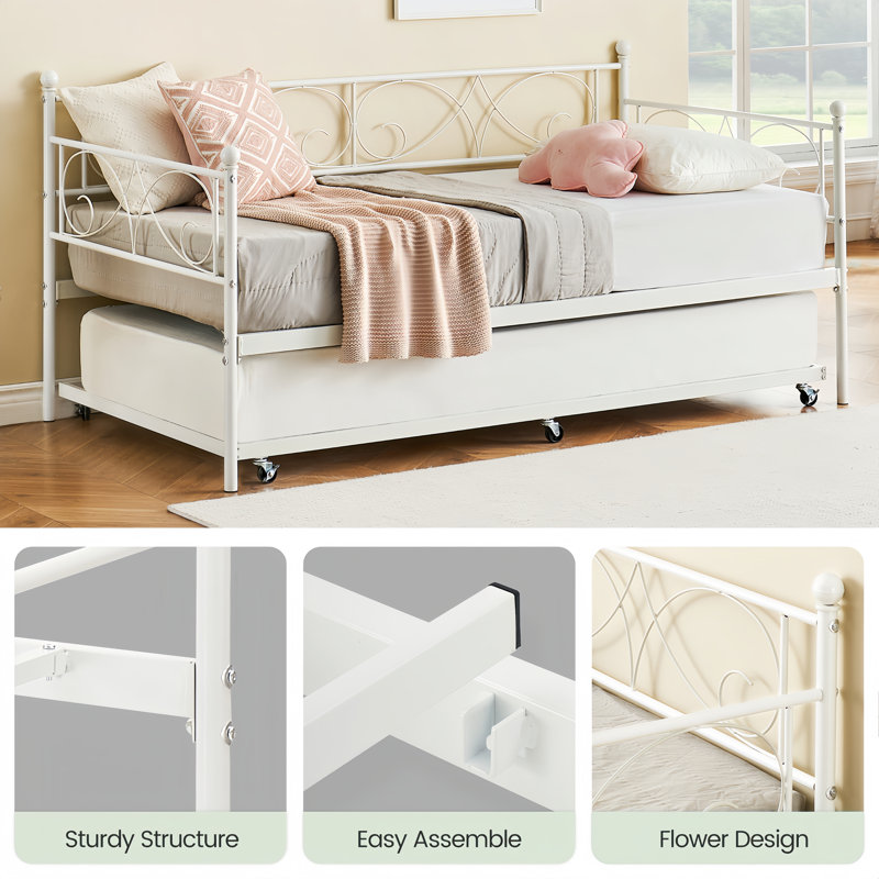 Twin Daybed With Trundle – This Metal Sofa Bed Frame Features Heavy-duty Metal Slats And A Stylish Headboard, Eliminating The Need For A Box Spring.
