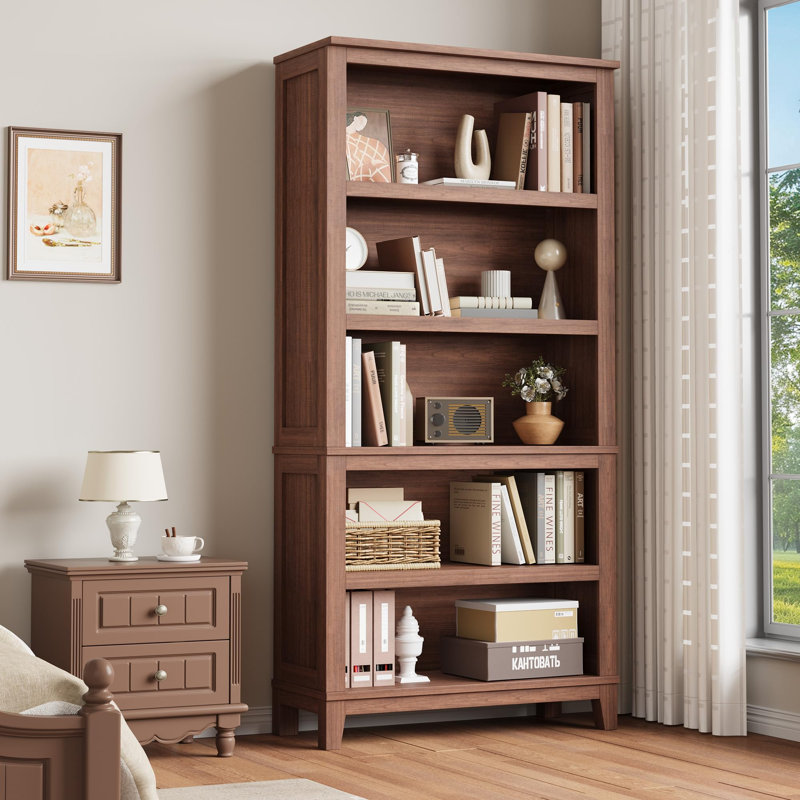 71 in Tall Bookcase w/Adjustable Shelves & 31.5 in Width, 5 Tier Farmhouse Bookshelf with Wooden Legs, Brown
