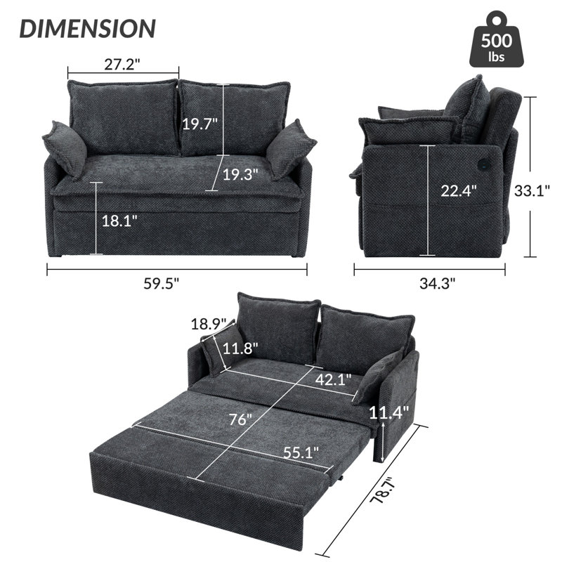 Sofa bed with C-type charging port, Grey Fabrics