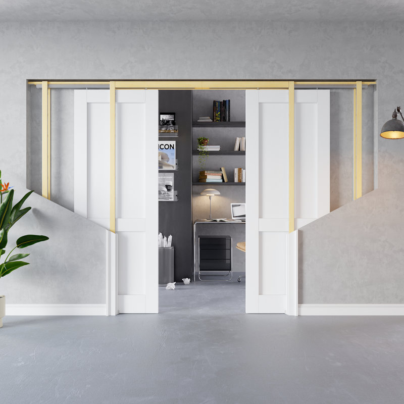 Intérieur de la porte intérieure à 3 panneaux, portes doubles en panneau de fibres à densité moyenne CARB P2, avec cadre solide et ensemble de quincaillerie, porte de chambre coulissante pré-finie et imperméable pour garde-manger, chambre à coucher, salle de bain, placard, buanderie et salon, teinture facile à faire soi-même , 48 po x 80 po
