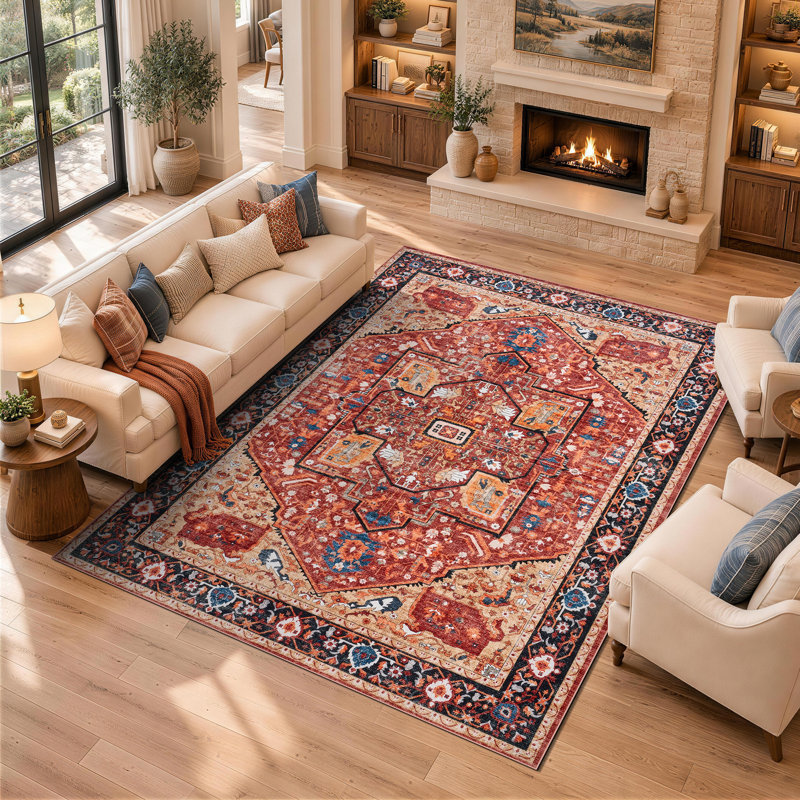 Tapis rouge vintage avec motif géométrique médaillon, lavable à la machine et antidérapant, Rectangle 5 pi x 7 pi
