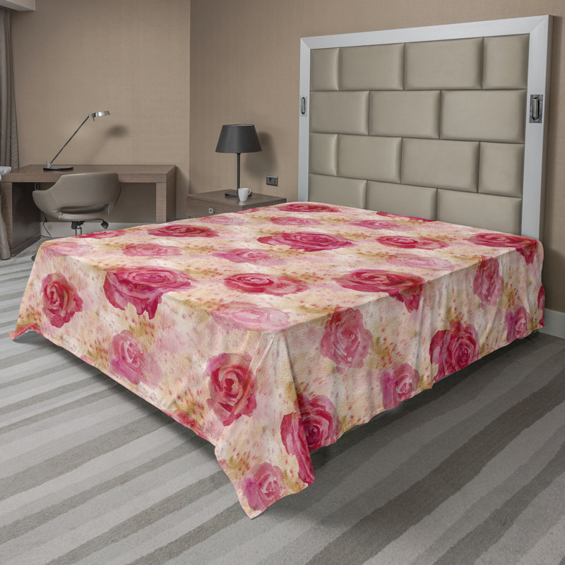 Ambesonne Flat Sheet Floral Grunge Art, California King Flat Sheet, Dark Coral Pink Floral