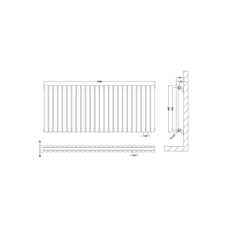 Revive Horizontal Designer Radiator, White, 60cm H x 139.8cm W x 7.8cm D