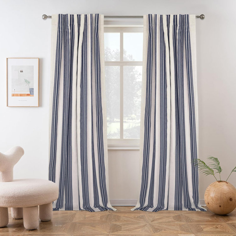 Chris Vertical Striped Linen Blend Lined Thermal Insulated Blackout Rod Pocket Back Tab Curtains, 52" W x 84" L, Dark Blue