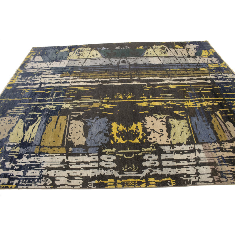 Tapis bleu / jaune en laine à motif abstrait 8 pi 4 po x 9 pi 11 po Abstract