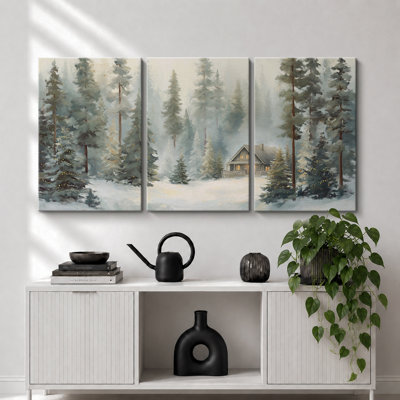 " Snowy Evergreen Forest Cabin Artwork, Living Room Pictures, Framed Canvas Giclee Print 3 Pieces Wall Art - 16"x24"x3pcs, 24"x36"x3pcs "