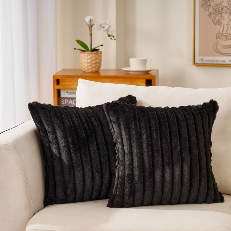 Faux Fur Reversible Throw Pillow, Black, 20"H x 20"W