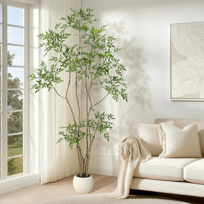 5/6/7ft Artificial Nandina Tree in Pot - Faux Floor Plant with White Planter for Home Office Decor
