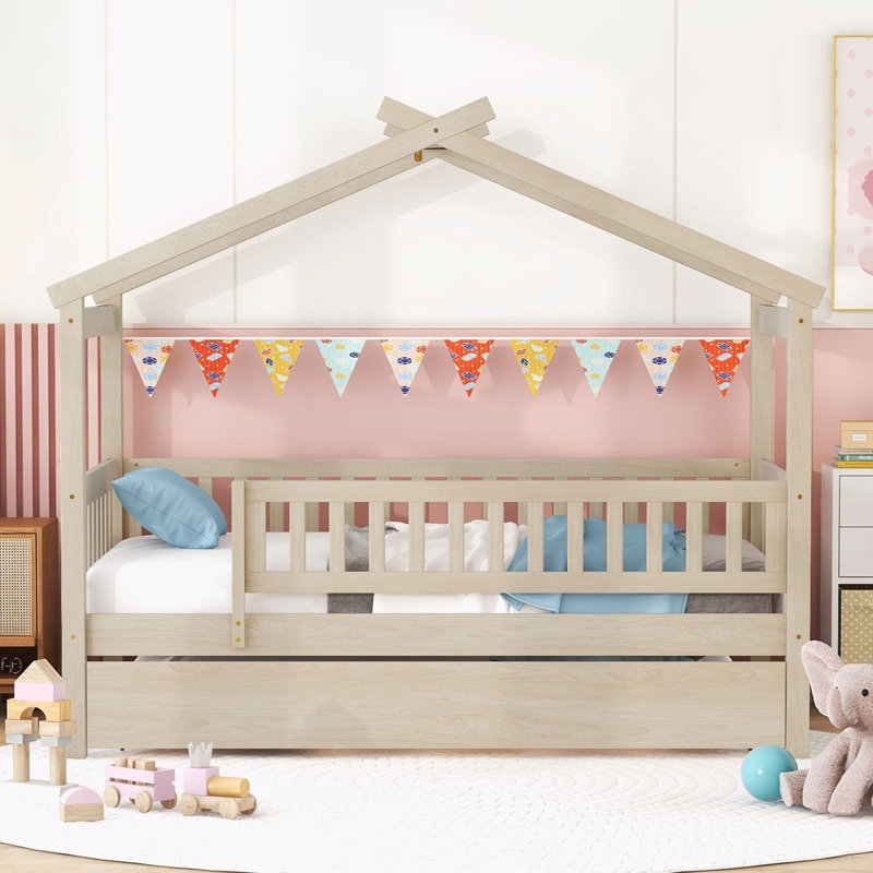 Zhayne Wooden House Bed with Trundle, Natural, Twin