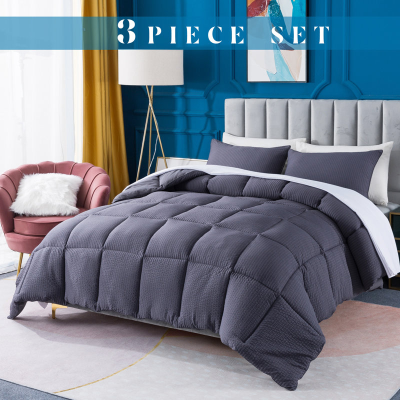 All Season Down Alternative Quilted Comforter Set-Soft Microfiber Seersucker Bedding Set Textured, Gray