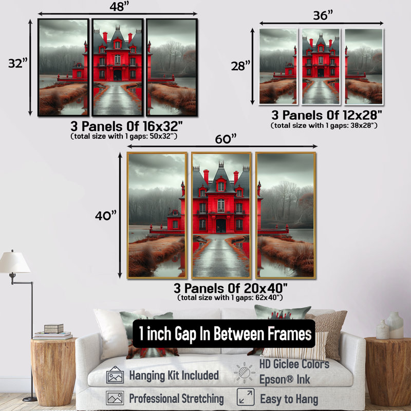 Ensemble de salon monochromes rouge et gris d'automne en Allemagne III - Châteaux, Cadre flottant noir, H 28 po x l 36 po