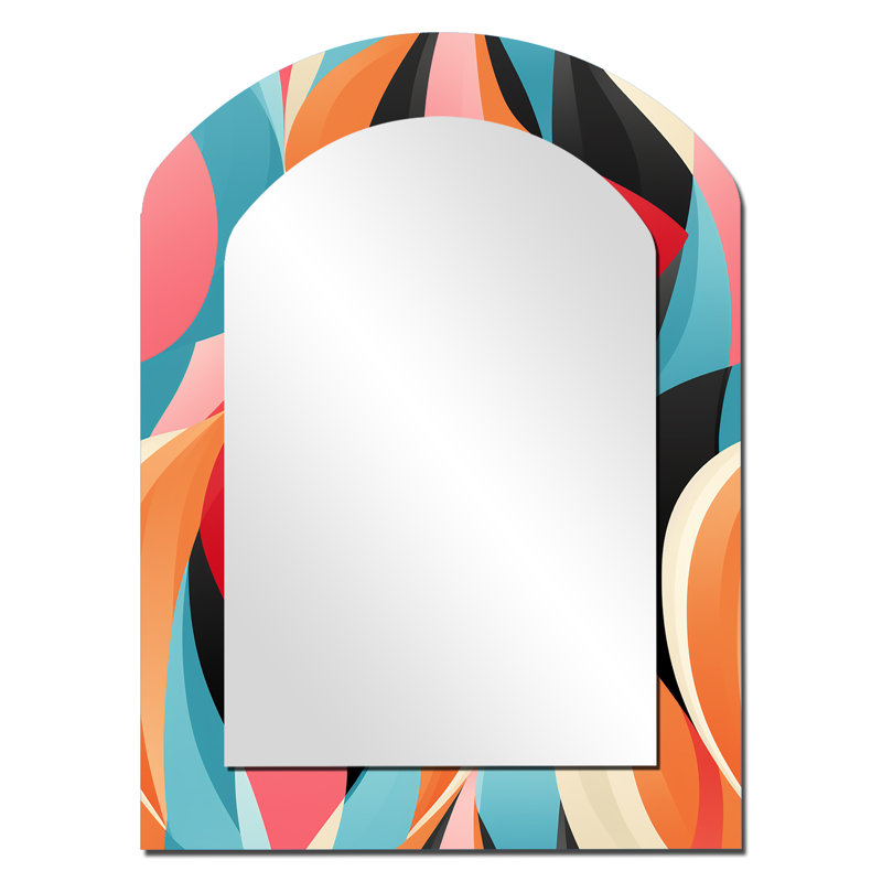 Bleu et orange rétro géométriques torsades illusions - miroir décoratif rétro arquée, miroir mural asymétrique rétro, art imprimé en métal