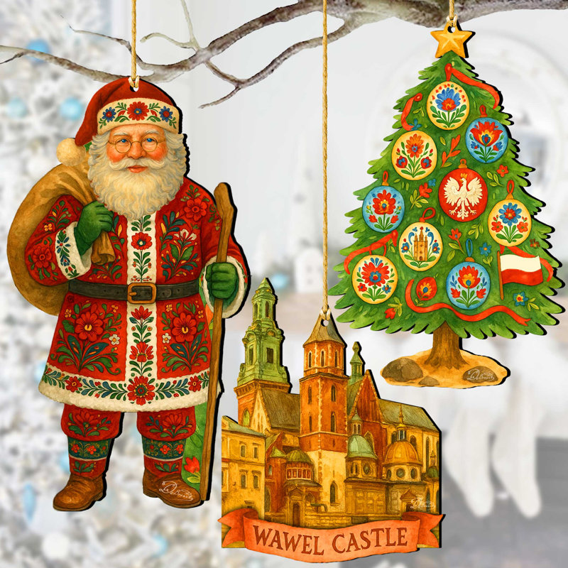 Ensemble de 3 décorations de Noël en bois d'inspiration polaire de père Noël par D. Debrekht