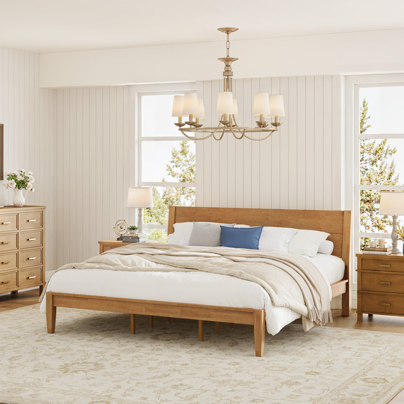 Mid-Century Modern Solid Wood Tenon Structure Bed Frame, Natural, King