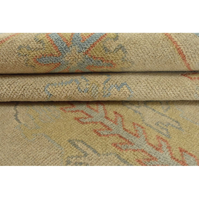 Tapis beige en laine noué à la main de conception unique 8 pi 10 po x 12 pi 1 po