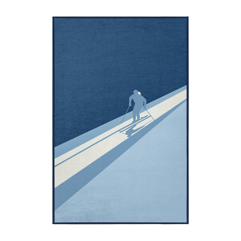 Machine Washable Medford Cross Country Skiing Minimalist Rug in Blue – Navy Binding, 5x7