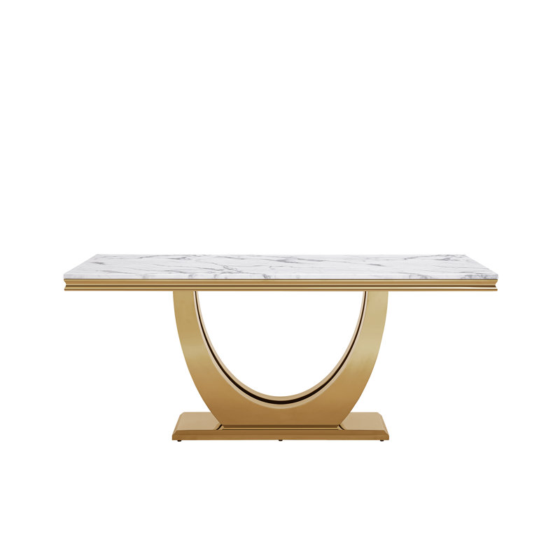 Printed Marble Mdf Top Rectangular Dining Table Marble Top Metal Base Dining Table, White, Gold