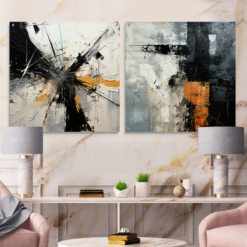 Noir et blanc lunaire, ensemble de 2 peintures murales abstraites en acrylique, H 16 po x l 33 po