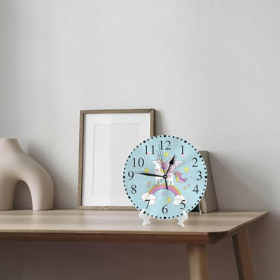 Beautiful Cartoon Wall Clock Horse With Wings On Rainbow Clouds Clock 10 Inch Silent Non-Ticking Clocks Battery Operated For Home Living Laundry Room Kitchen Bedroom Office