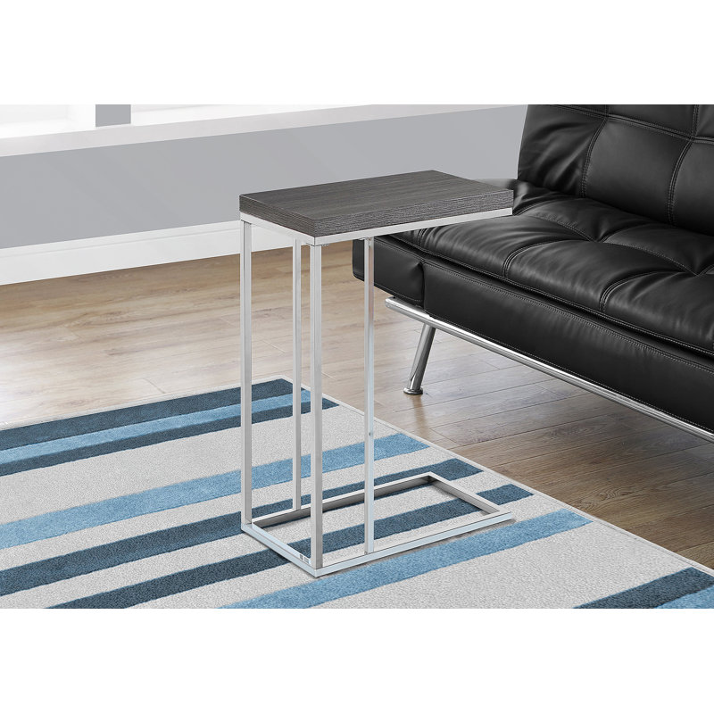 Table d'appoint en forme de C avec plateau en stratifié gris et structure en métal noir, parfaite pour les espaces de vie modernes