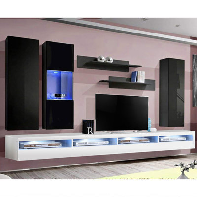 Meuble audio-vidéo mural flottant de 126 po avec éclairage à DEL 16 couleurs, finition ultrabrillante
