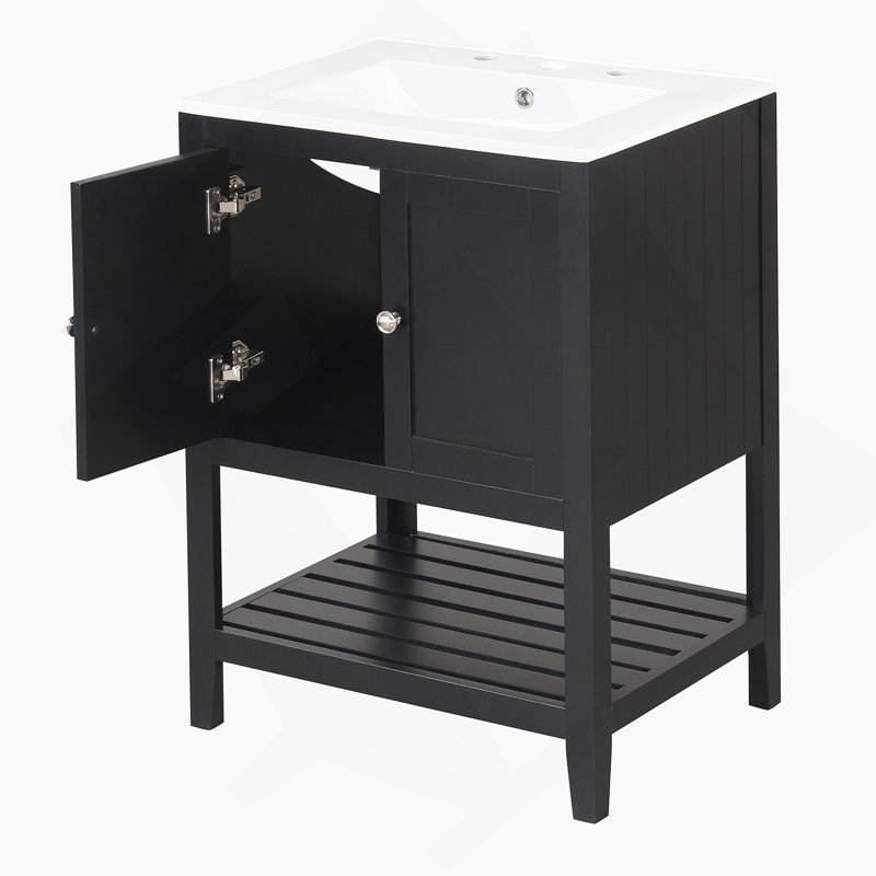 Lavabo de salle de bain élégant et moderne en céramique noire 24 po avec tablette ouverte de style cadre en bois massif (ancien numéro de référence: N725P170597B)