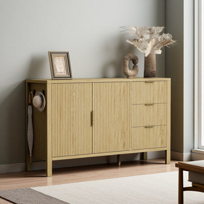 Modern Wave-Pattern Sideboard With 3 Drawers, Large Storage Buffet Cabinet With Hooks And Extra Center Leg,Suitable For Living Room