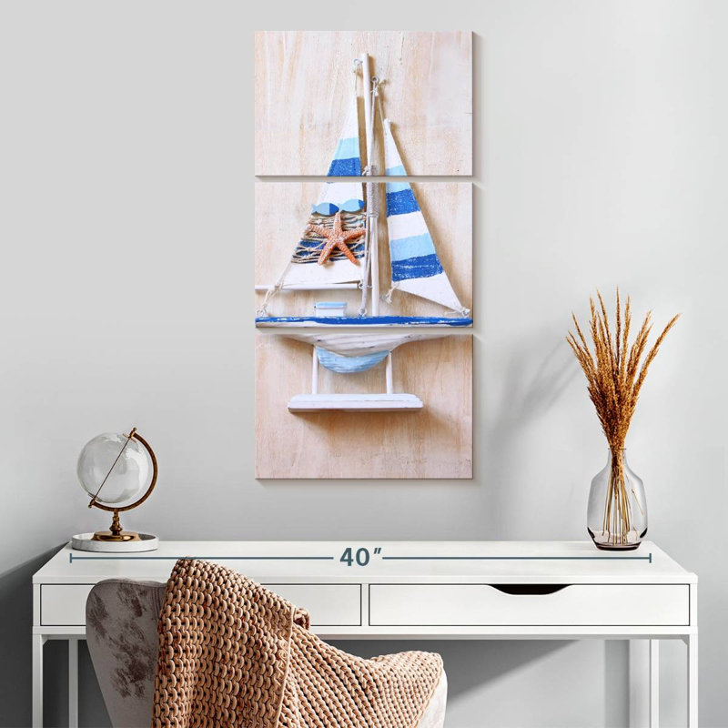 Bateau en bois bleu, H 32 po x l 15 po