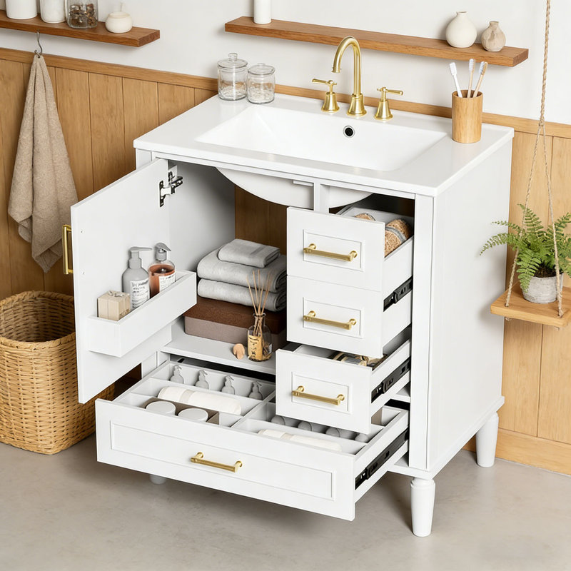 Meuble-lavabo moderne avec lavabo en céramique, 30 po + blanc