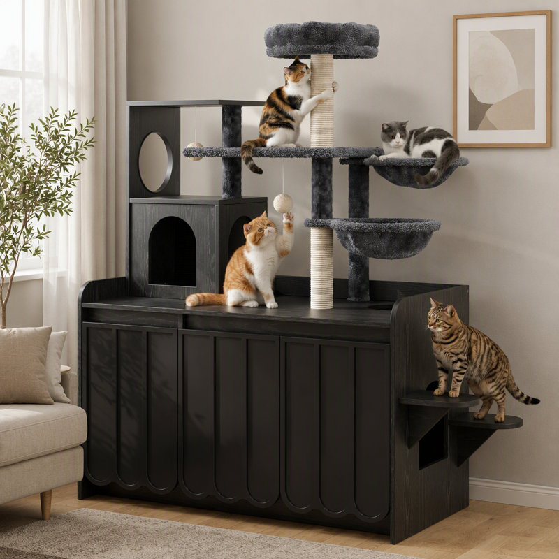 Arbre à chat 50,6 po avec bac à litière, poteau à griffer en sisal et espace de rangement, maisonnette pour chat tout-en-un moderne avec maison, hamac et perchoir