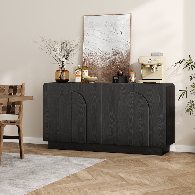 Buffet incurvé de 60 po avec tablette réglable et 4 portes, armoire de rangement avec poignées de porte en forme d'éventail pour la salle à manger, la cuisine, le salon
