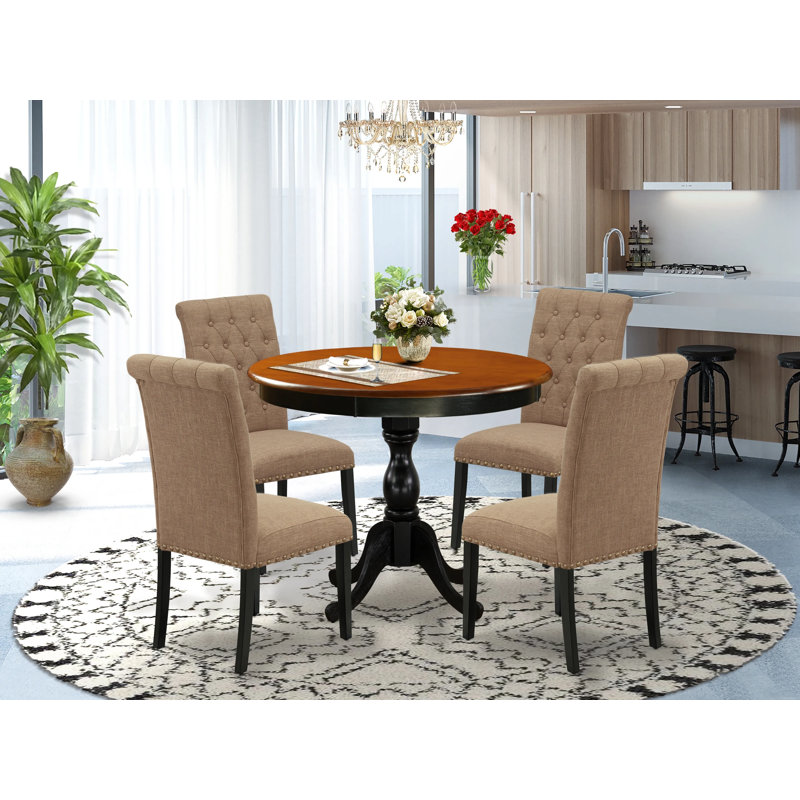 5-Piece Dining Table Set Includes a Dining Table and 4 Light Sable Linen Fabric Modern Dining Chairs with Button Tufted Back - Black Finish