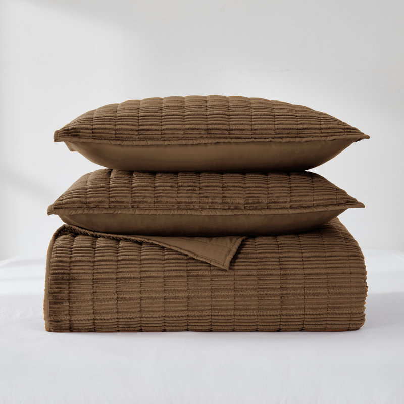 Cocoa Brown Queen Velvet Quilt Set with Pillow Shams