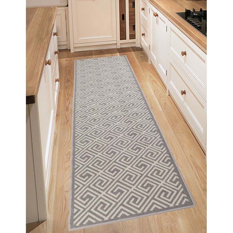 Machine Washable Greek Key Low Pile Runner Rug