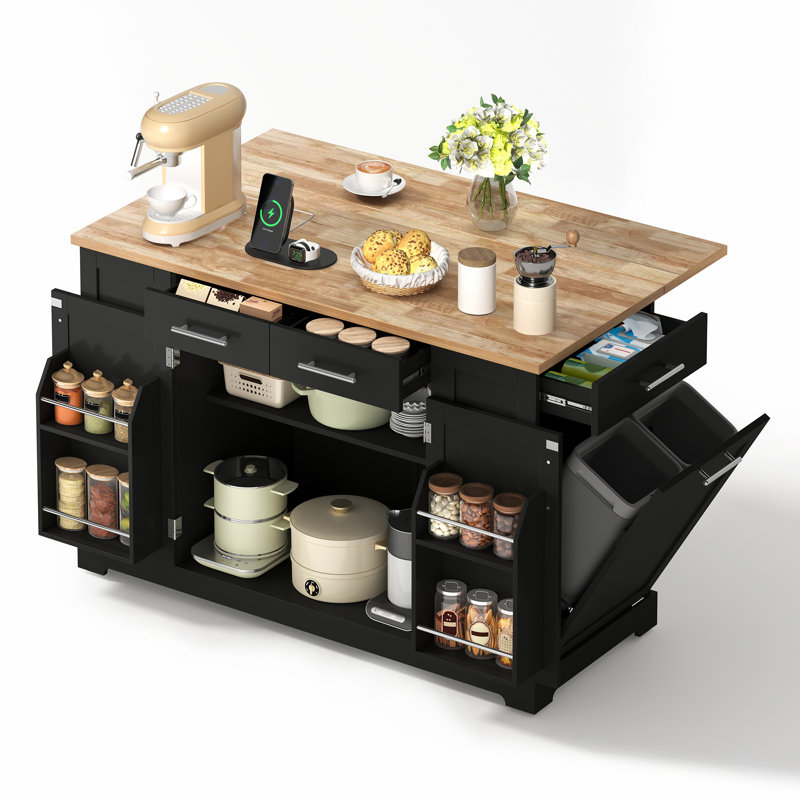 138 cm W Kitchen Island with, Black/Natural