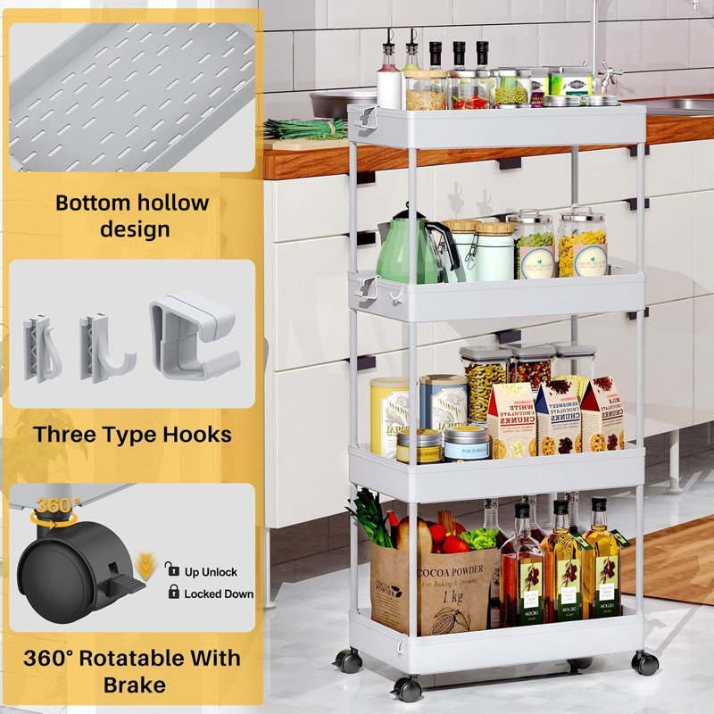 Rolling Storage Cart, Grey, 33.5" H x 8.66" W x 15.75" D