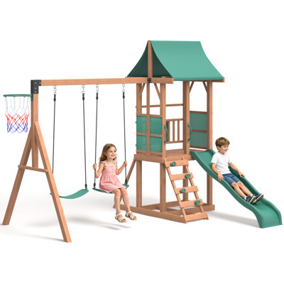 Bezseller Wooden Swing Set for Backyard, 6-in-1 Playground Sets with Wave Slide, Play Deck, Rock Wall Ladder, Chalkboard, 2 Belt Swings & Basketball Hoop Outdoor Playset
