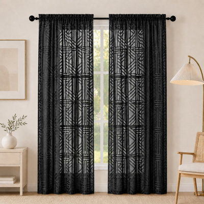 Black Semi Sheer Curtains 84 Inches Long 2 Panels, Light Filtering Geometric Jacquard Clip Textured Sheer Curtains for Bedroom, Modern Elegant Window Drapes, 42x84 inch