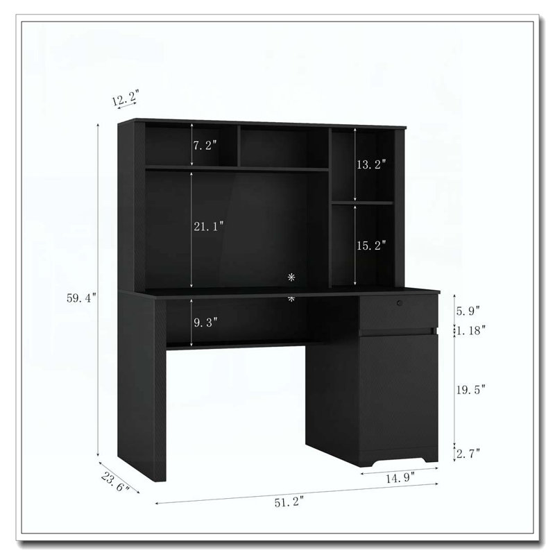 Bureau d'ordinateur avec huche et bibliothèque, bureau de direction en bois pour adolescents, Noir