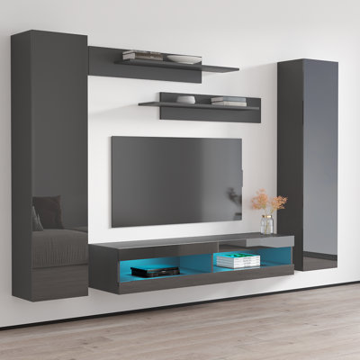 100" Modern Floating Wall Mounted Entertainment Center with 16-Color LED Lighting, High Gloss Finish