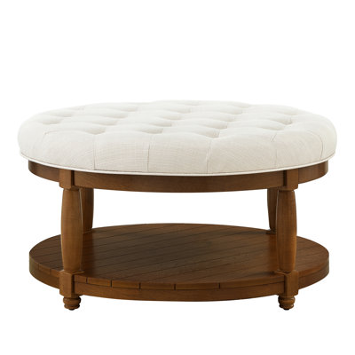 Large Round Linen , 32.5 Inches Wide, 18 High, Solid Wood Frame And Shelf, Versatile Use Upholstered Coffee Table, 32.5"L X 32.5"W 18"H, , Easy To Assemble With Provided Tools