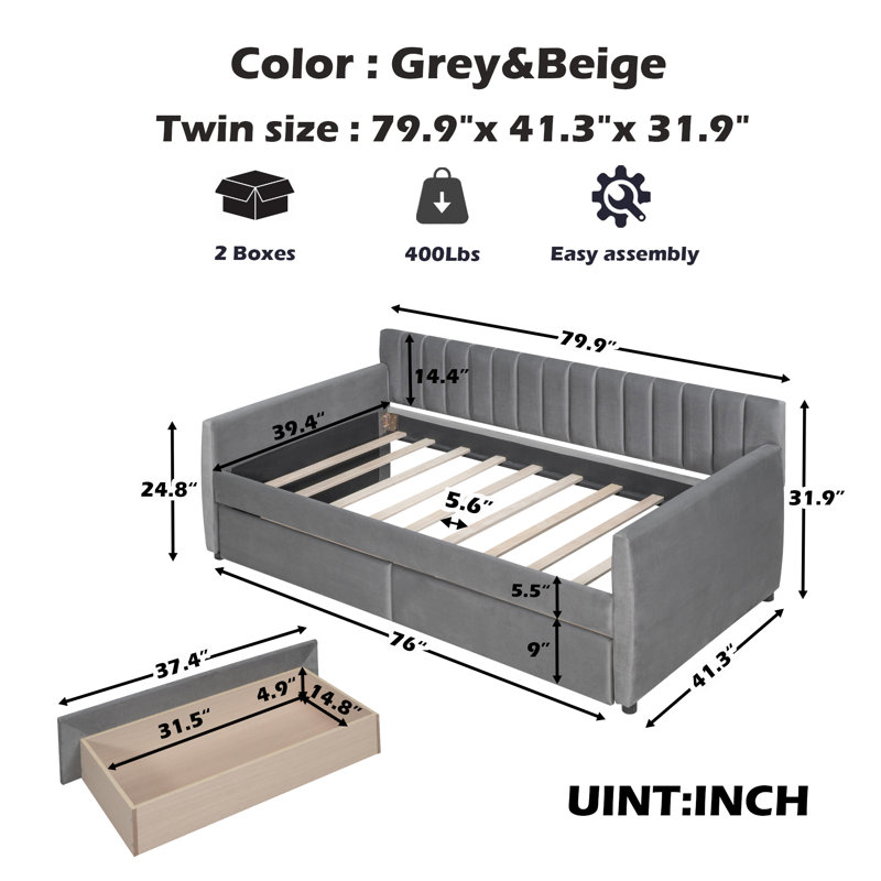 Aghwith Twin Size Upholstered Velvet Daybed with 2 Drawers - Space Maximization, No Box Spring Needed, Beige