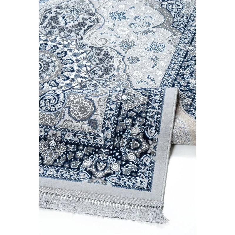 Floral Area Rug, Blue, Rectangle 60 x 110 cm