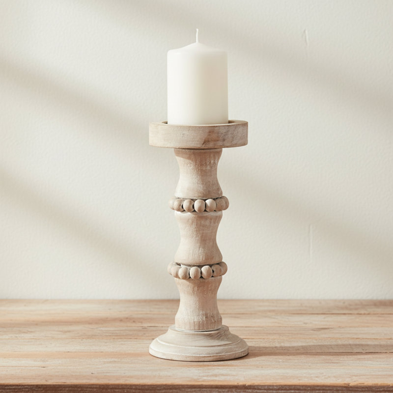 Handmade Rustic Solid Wood Tabletop Candlestick, 11" H x 5" W x 5" D, Ivory/Beige