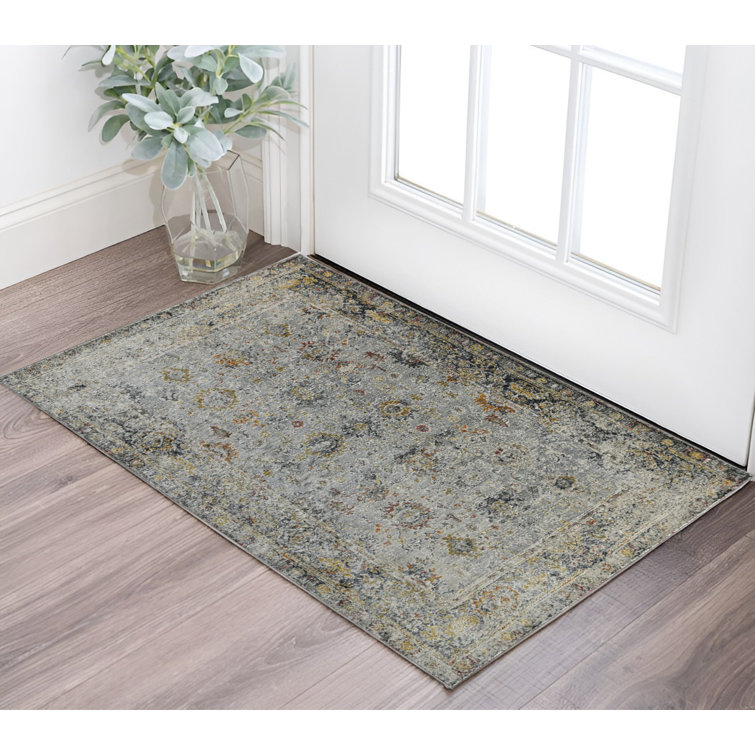 Tapis médaillon floral gris et bleu 2 pi x 3 pi