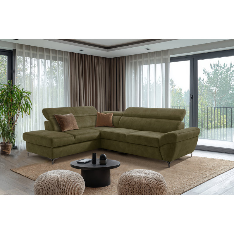 MONTANA Fabric Corner Sofa with Sleeping Function and Storage and Adjustable Headrests, Left Hand Facing, Green
