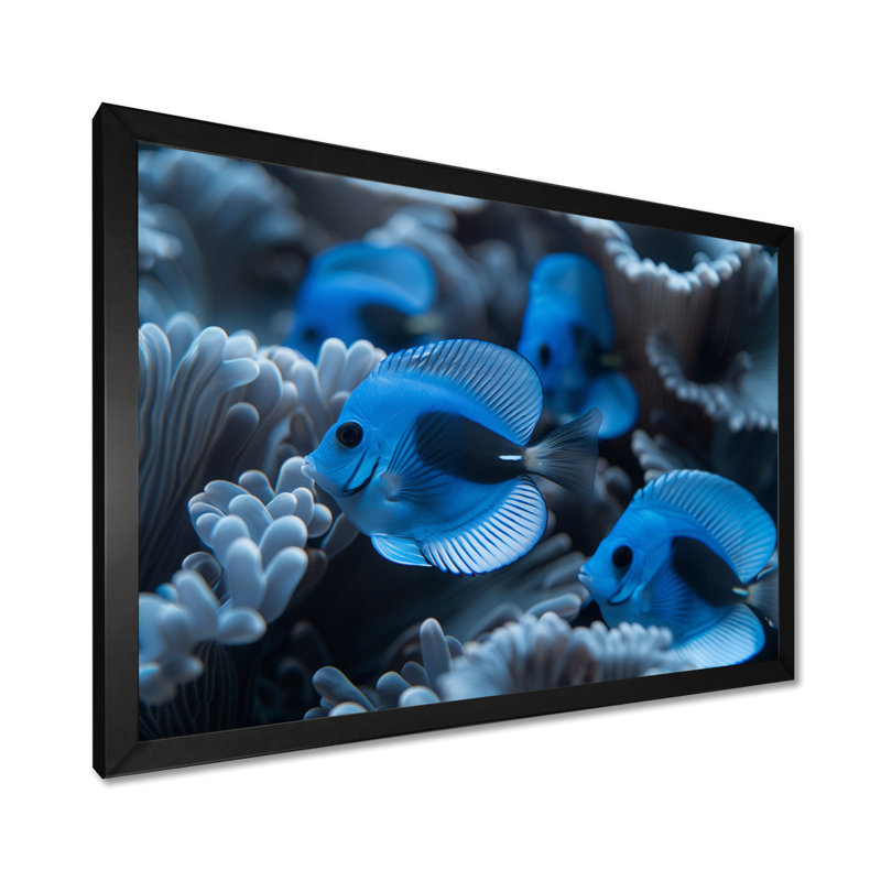 Décoration murale bleue et grise, oasis océanique I - aquariums, H 12 po x l 20 po, Cadre simple noir, bois massif