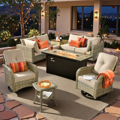 Outdoor Wicker 6 Person Seating Group With Cushions With Rocking And Swivel Chairs And Fire Pit Table